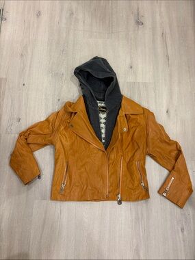 Doma  Leather Jacket with Charcoal Hood